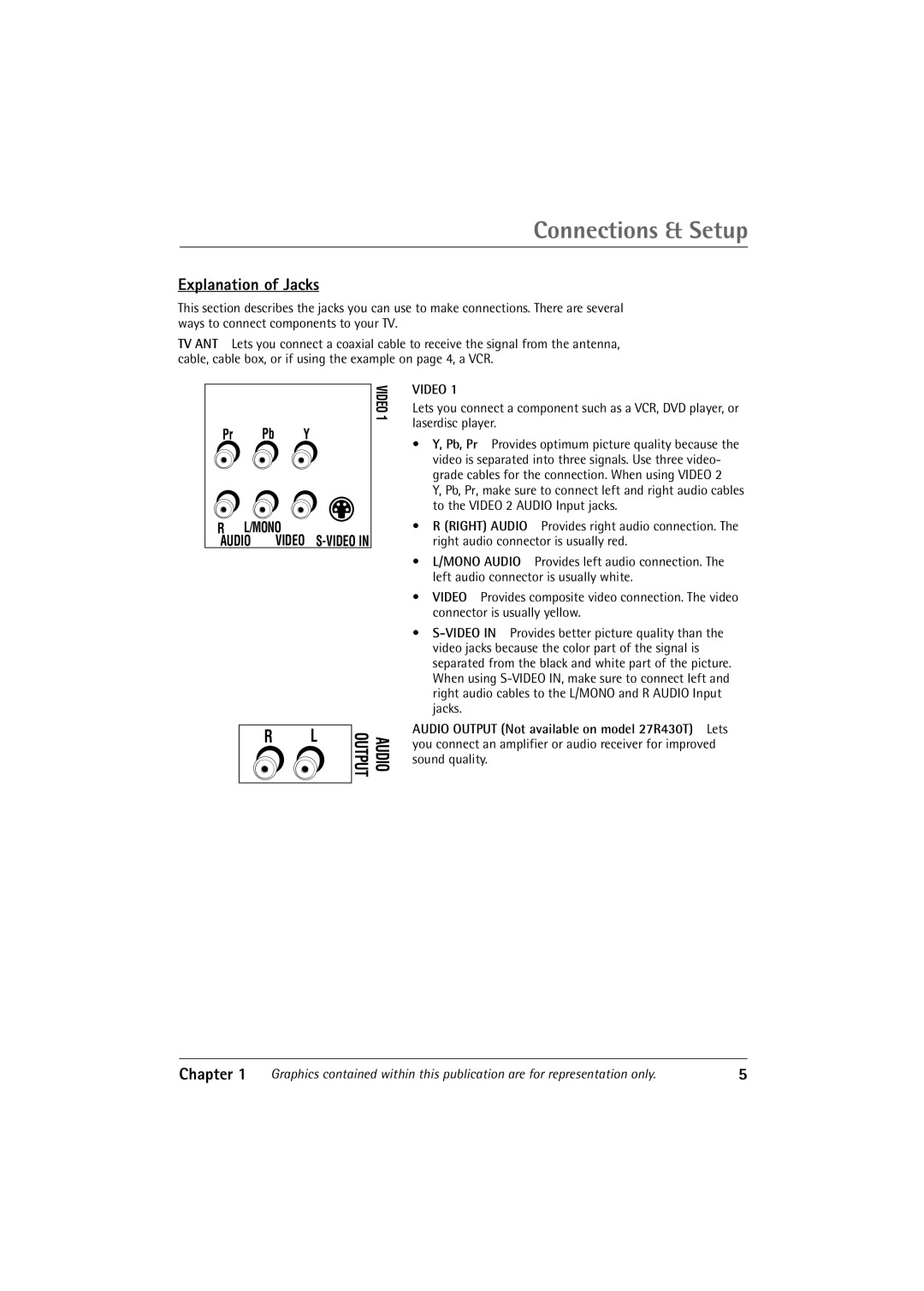 RCA 36V430T manual Explanation of Jacks, Pr Pb Y, L/Mono, Audio, Video, Connections & Setup, Chapter 