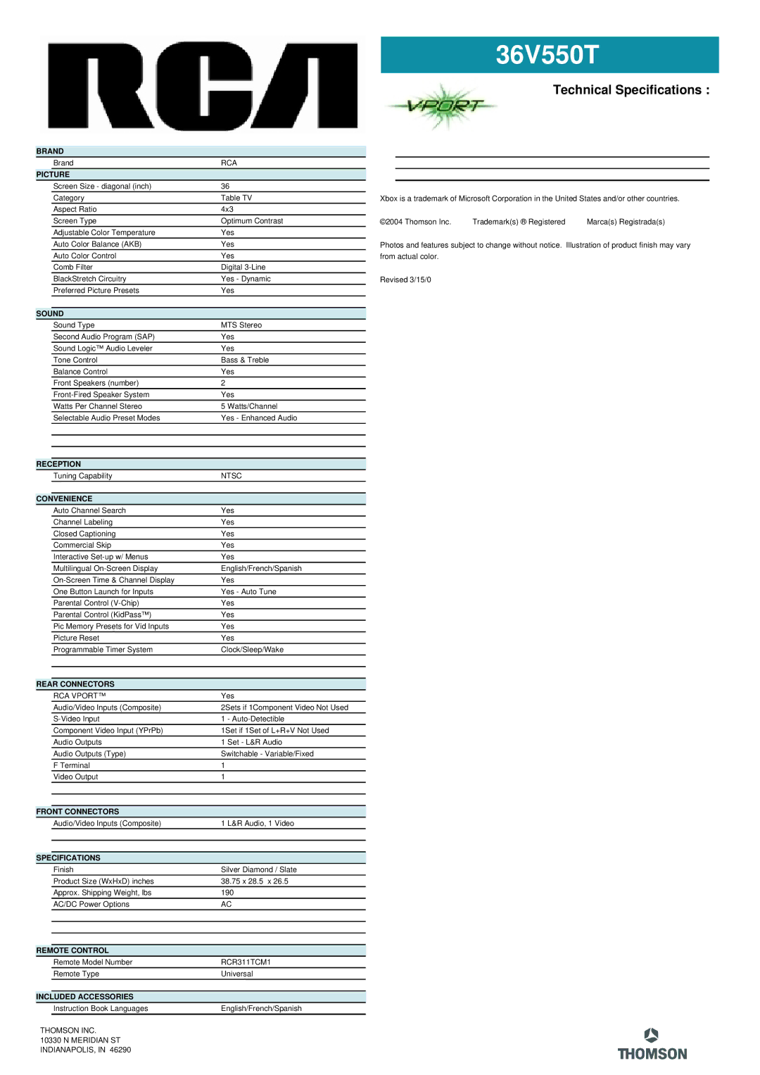 RCA 36V550T manual Brand, Picture, Sound, Reception, Convenience, Rear Connectors, Front Connectors, Specifications 