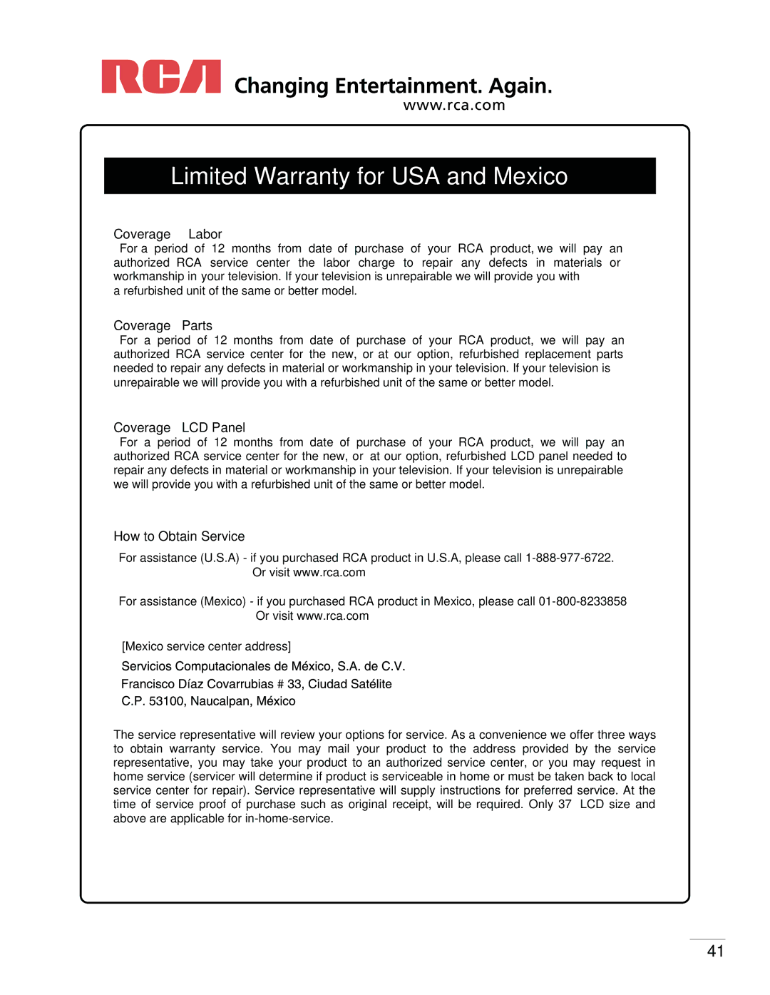 RCA 37LA30RQ warranty Limited Warranty for USA and Mexico 