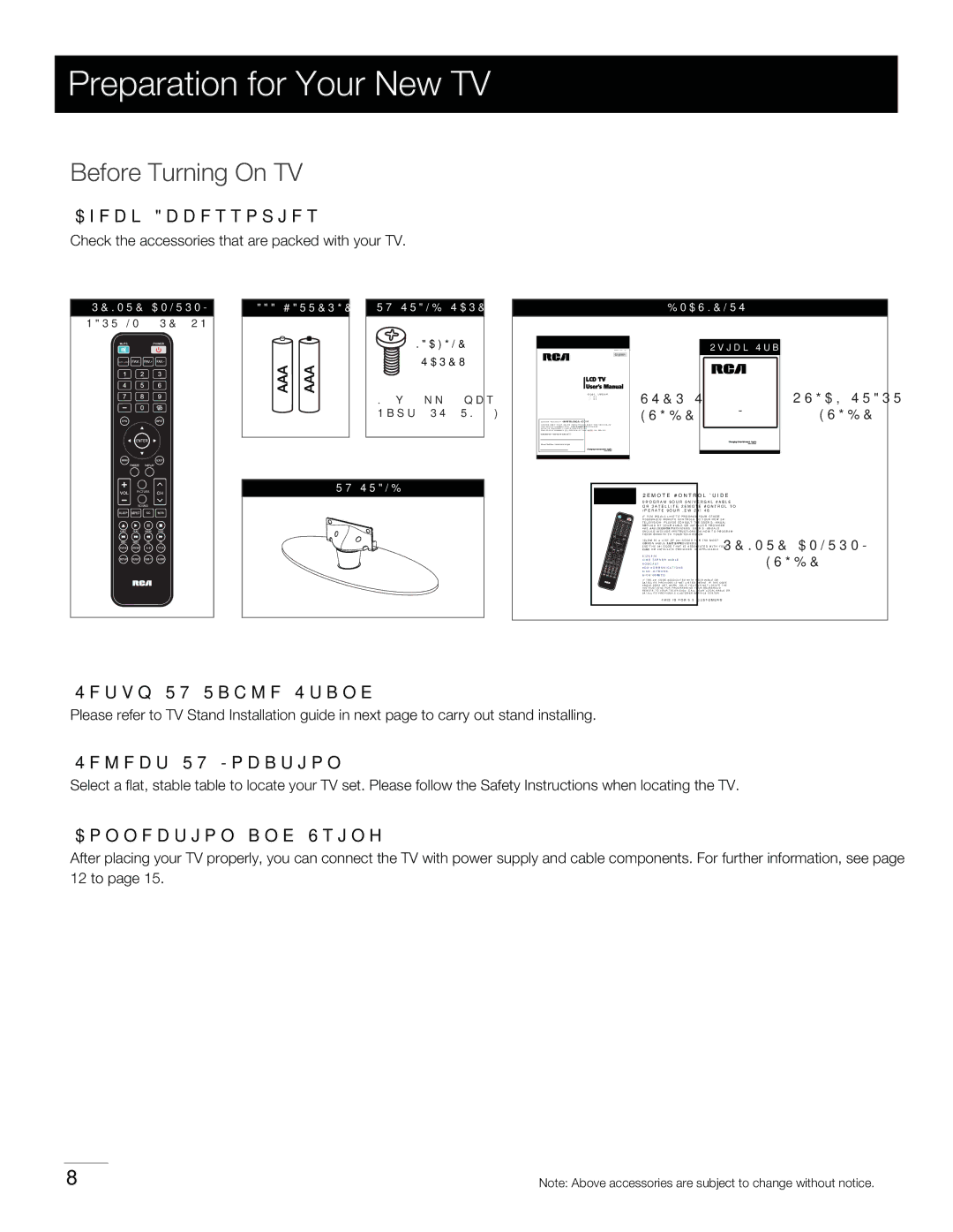 RCA 37LA30RQ warranty 1SFQBSBUJPOGPSPVS/FX57, #FGPSF5VSOJOH0O57, $IFDLUIFBDDFTTPSJFTUIBUBSFQBDLFEXJUIZPVS57 