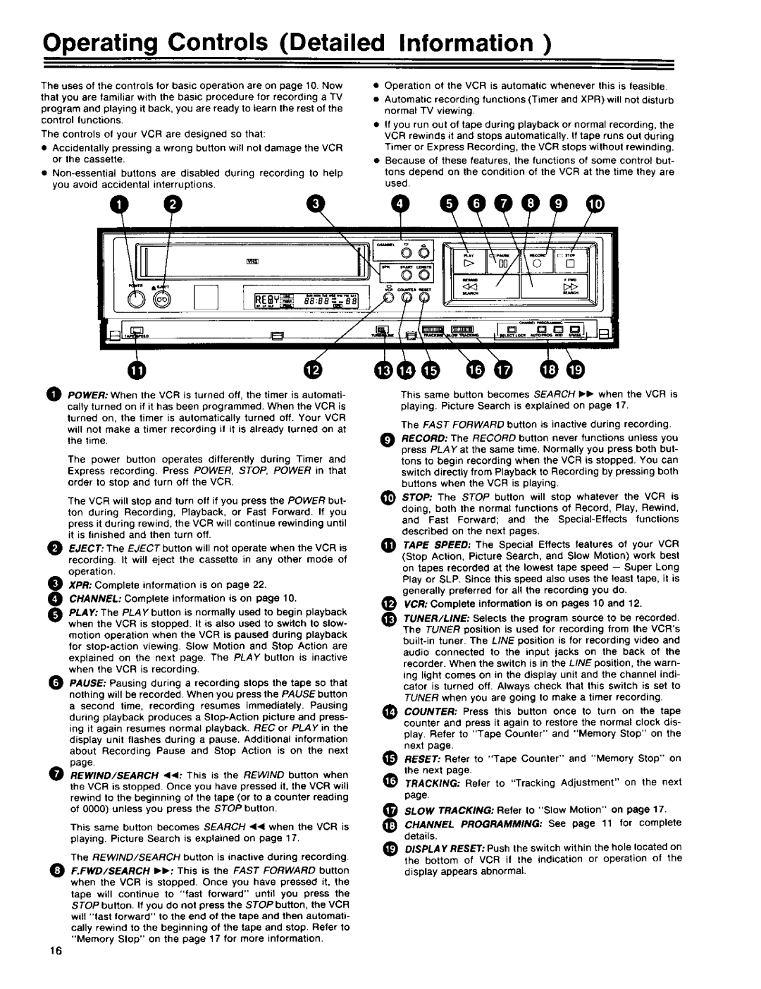 RCA 390 owner manual Operating Controls Detailed Information, Rewind/Search, VCR Complete information is on pages 10 and 