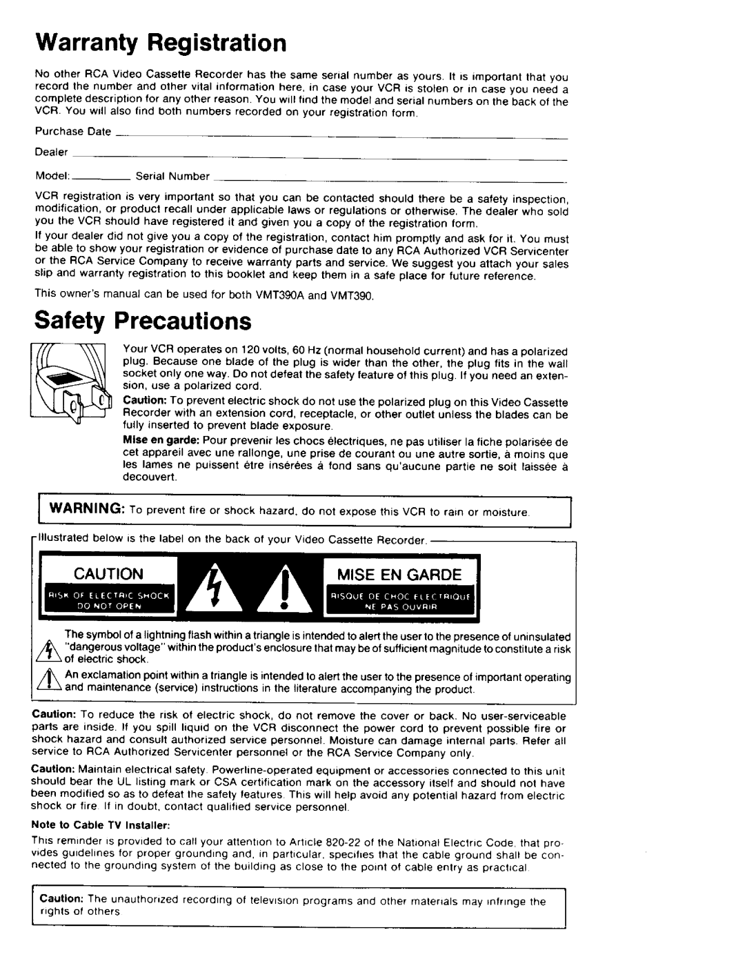 RCA 390 owner manual Warranty Registration, Safety Precautions, Mise En Garde 