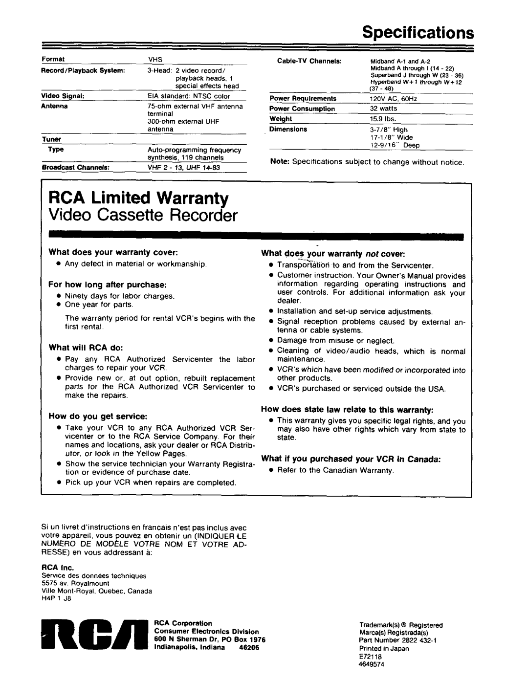 RCA 390 Ilia, Specifications, RCA Limited Warranty, Video Cassette Recorder, Iiii, What does your warranty cover 