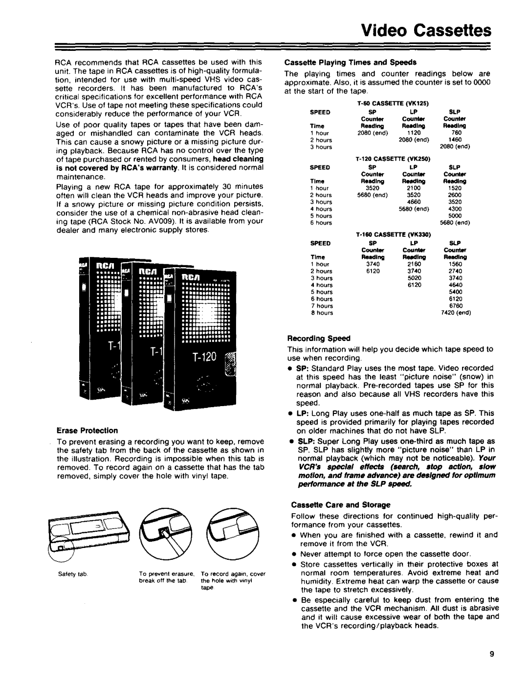 RCA 390 Video Cassettes, Is not covered by RCAswarranty. It is considered normal, Cassette Playing Times and Speeds 