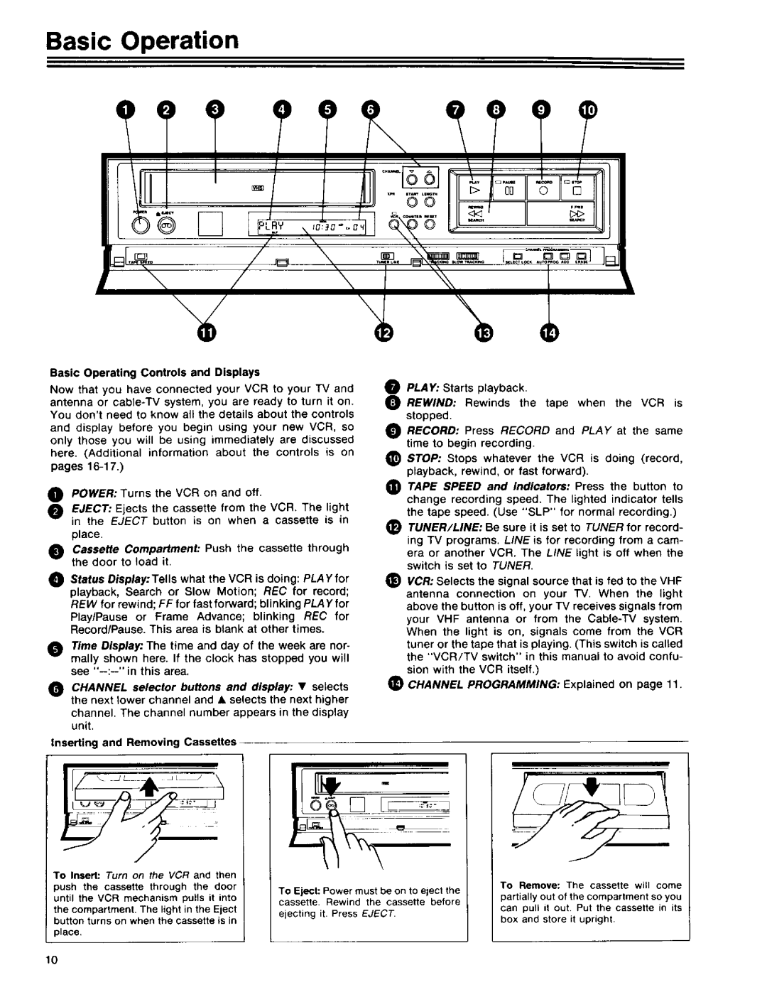 RCA 390 owner manual Basic Operation, Inserting and Removing Cassettes, Push the cassette through the door 