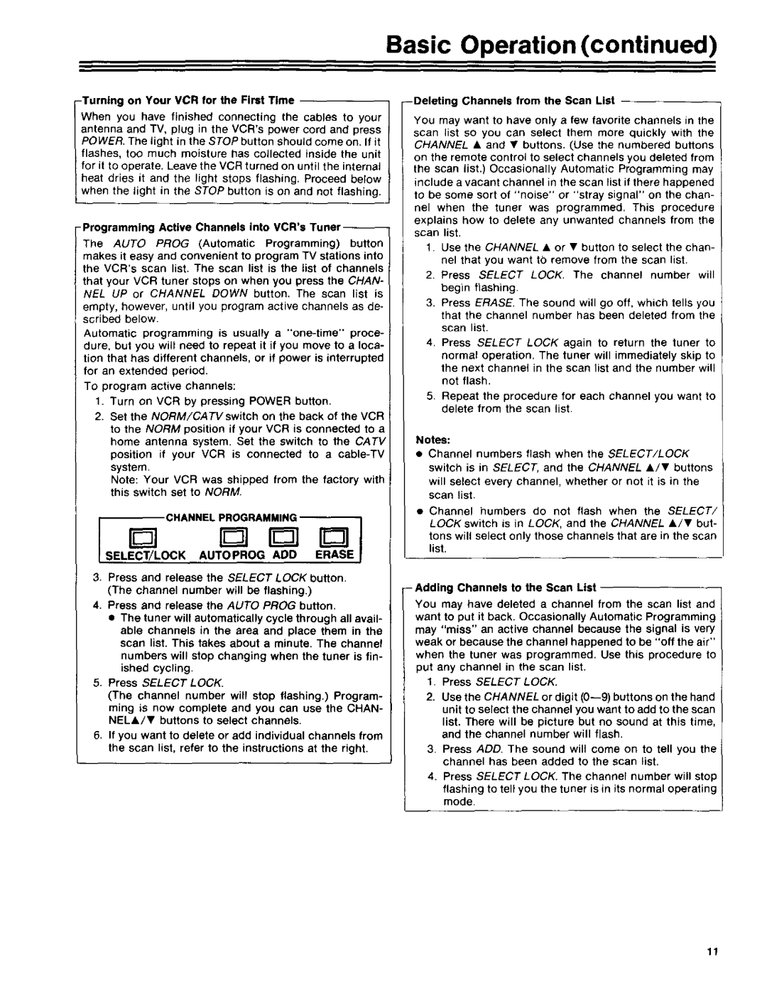 RCA 390 owner manual Programming Active Channels into VCRsTuner, Channel Programming SELECT/LOCK Autoprog ADD 