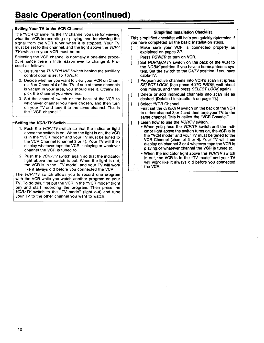 RCA 390 owner manual Setting Your TV to the VCR Channel, Setting the VCR/TV Switch 