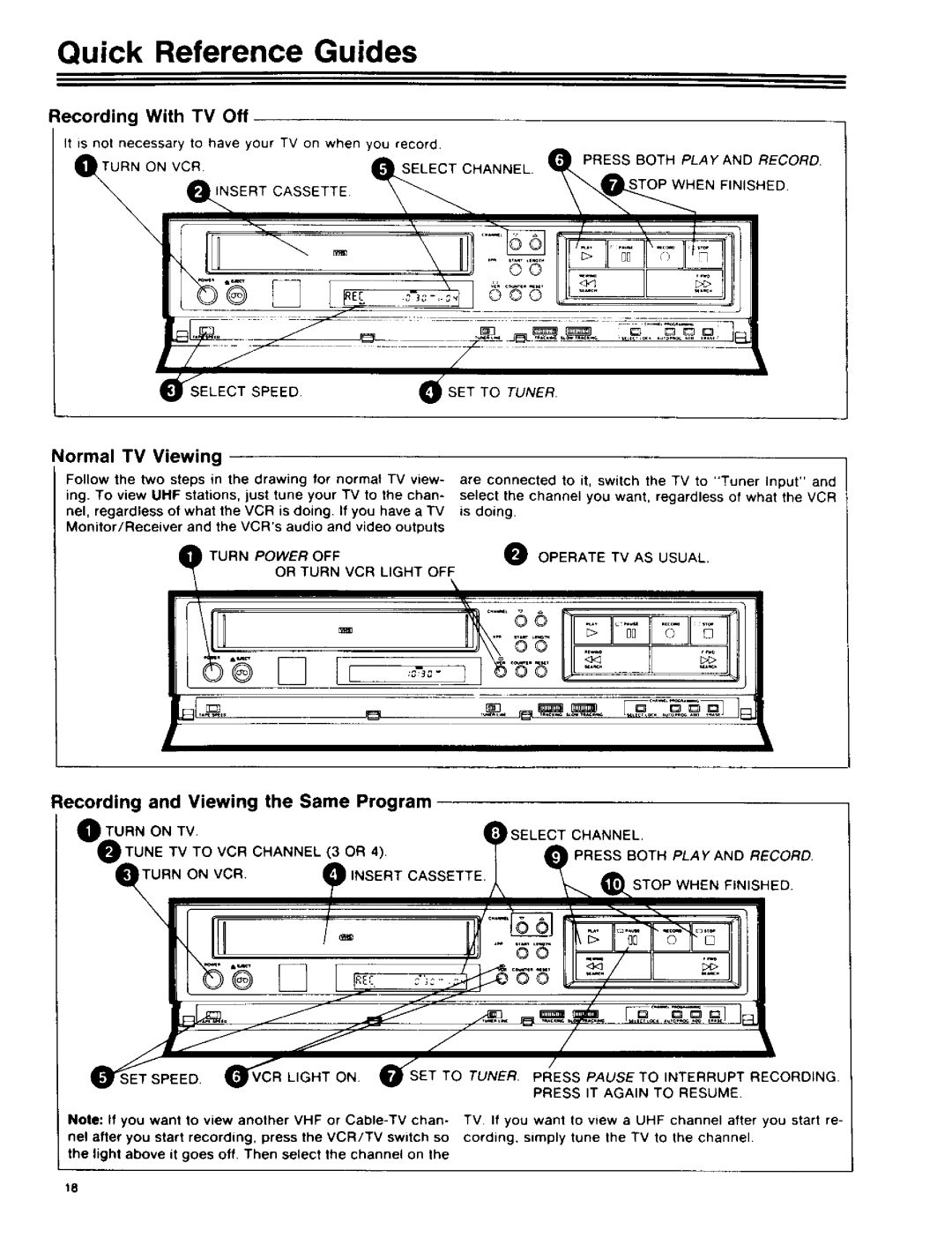 RCA 390 owner manual Quick Reference Guides, Normal TV Viewing, Recording and Viewing the Same Program 