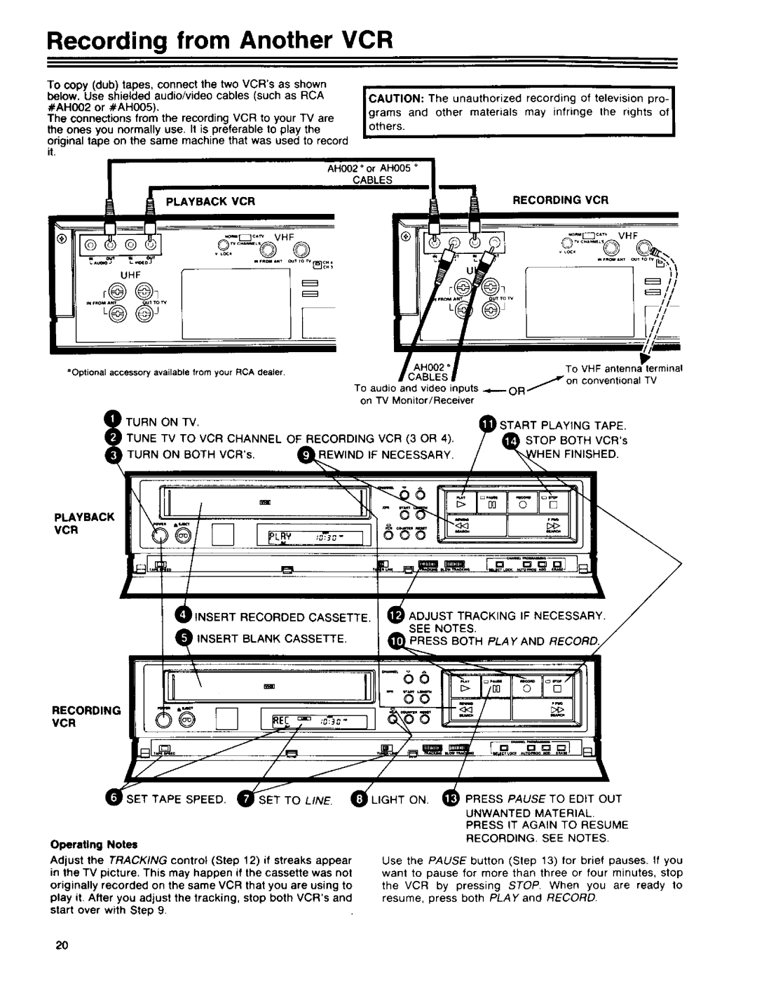 RCA 390 owner manual Recording from Another VCR, Playback VCR, Recording VCR, Insert Blank Cassette 