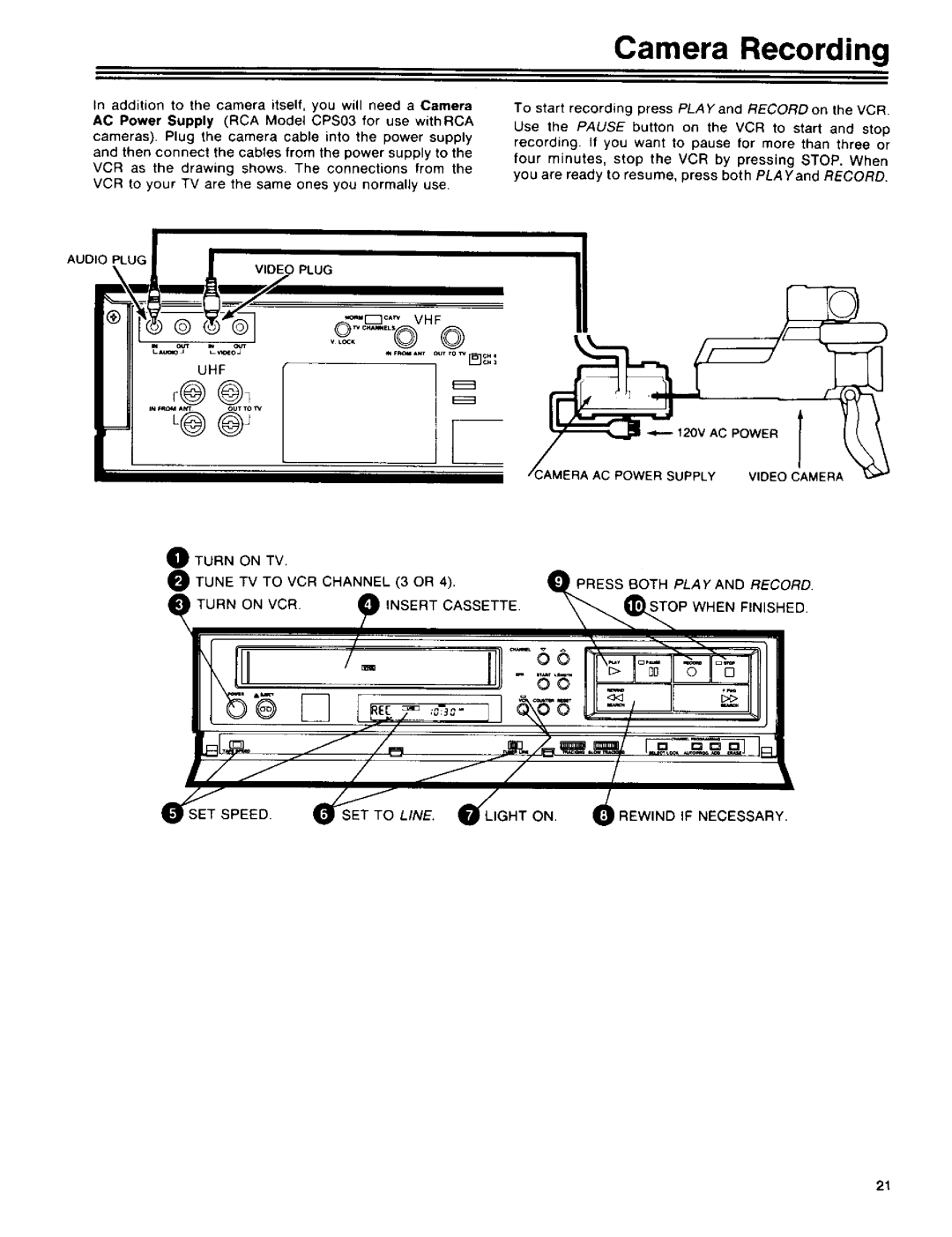 RCA 390 owner manual Camera Recording, Press Both PLA Y 