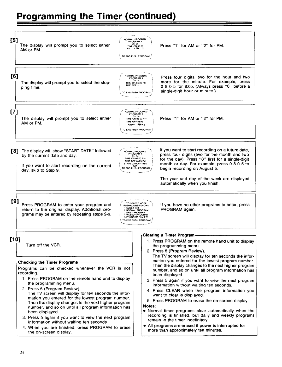 RCA 390 Display will prompt you to select either AM or PM, Press 1 for AM or 2 for PM, Checking the Timer Programs 