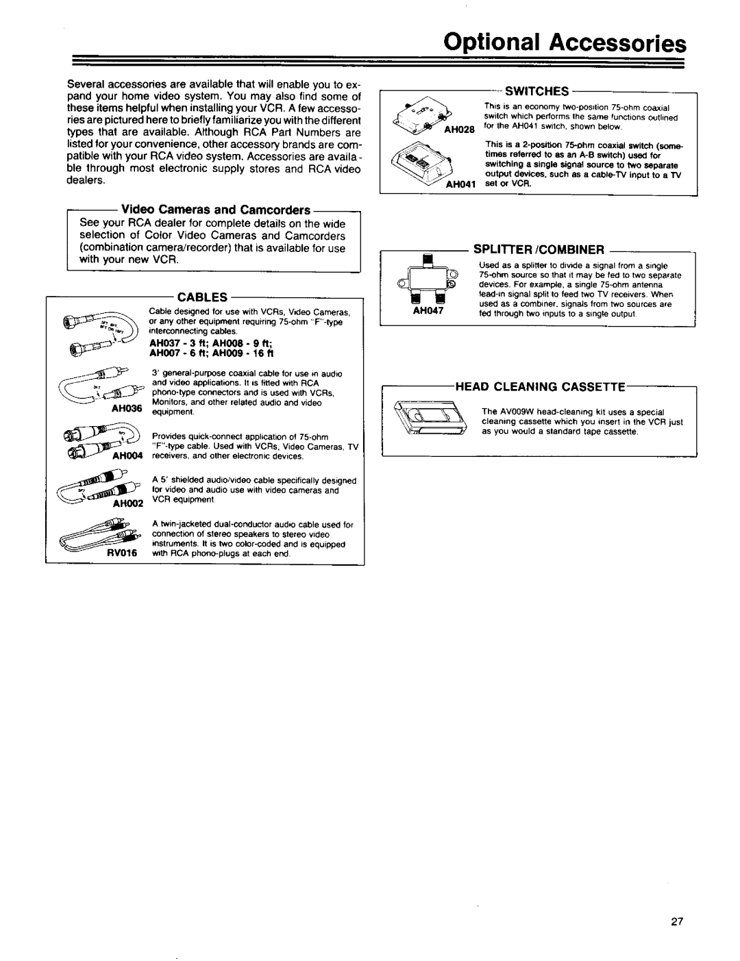 RCA 390 owner manual Optional Accessories, Video Cameras and Camcorders 