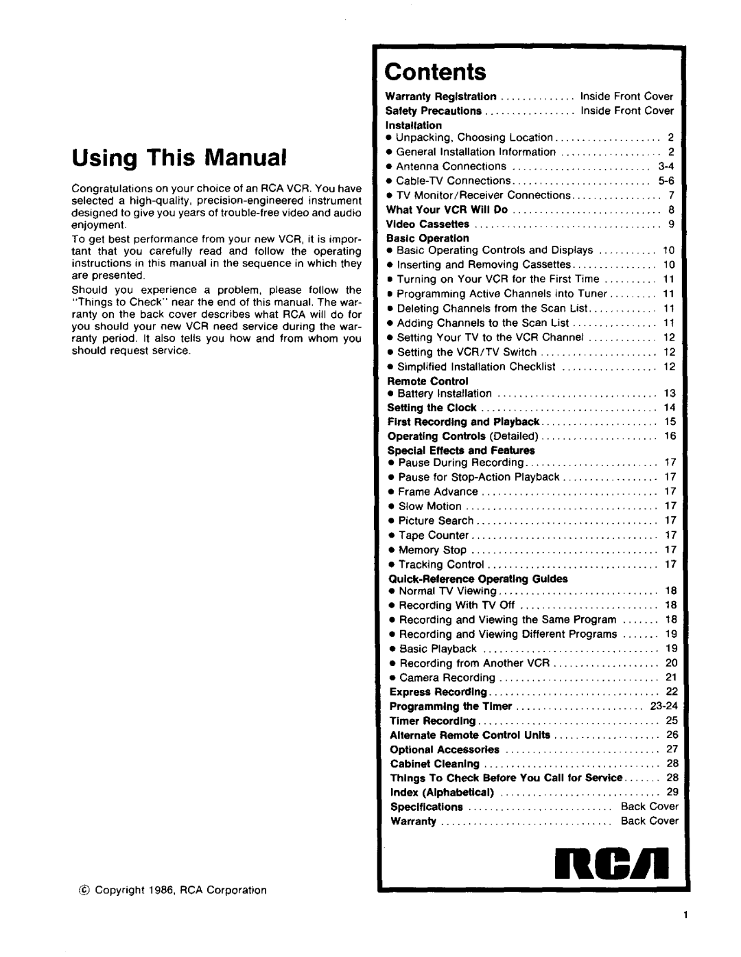 RCA 390 owner manual Using This Manual, Contents 