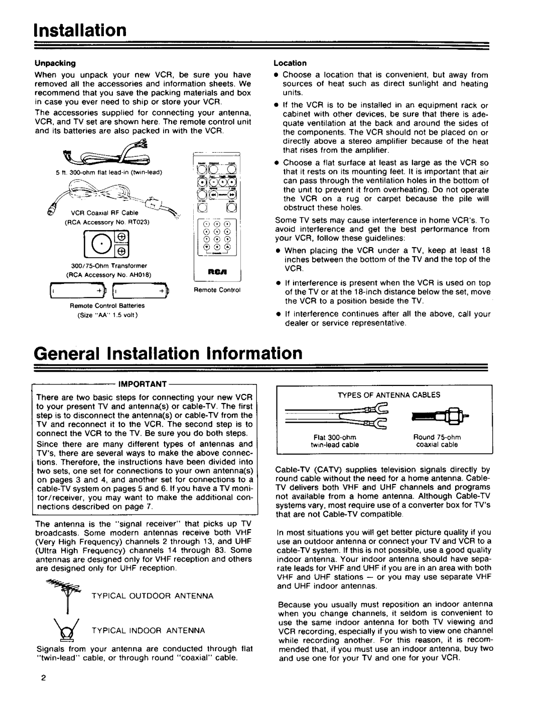 RCA 390 owner manual General Installation Information, Unpacking, Location, When 