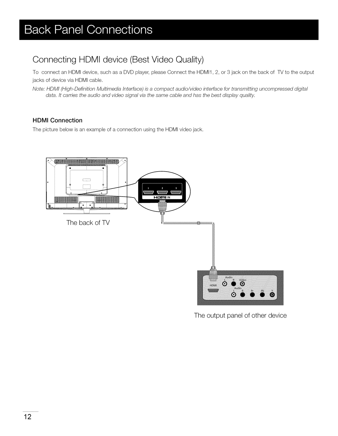 RCA 40LA45RQ manual Connecting Hdmi device Best Video Quality, Hdmi Connection 