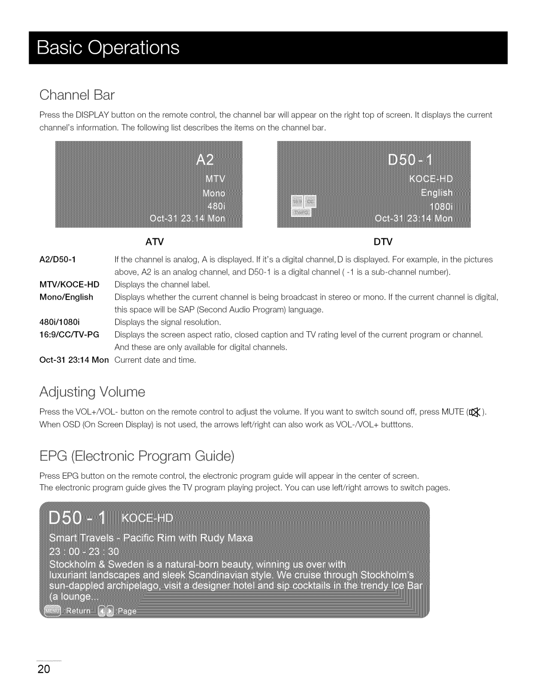 RCA 40LA45RQ manual Channel Bar, Adjusting Volume, EPG Electronic Program Guide, Mono/English 