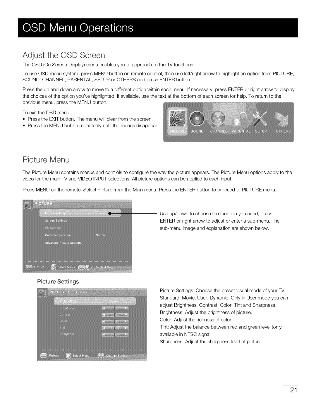 RCA 40LA45RQ manual Adjust the OSD Screen, Picture Menu, Picture Settings 