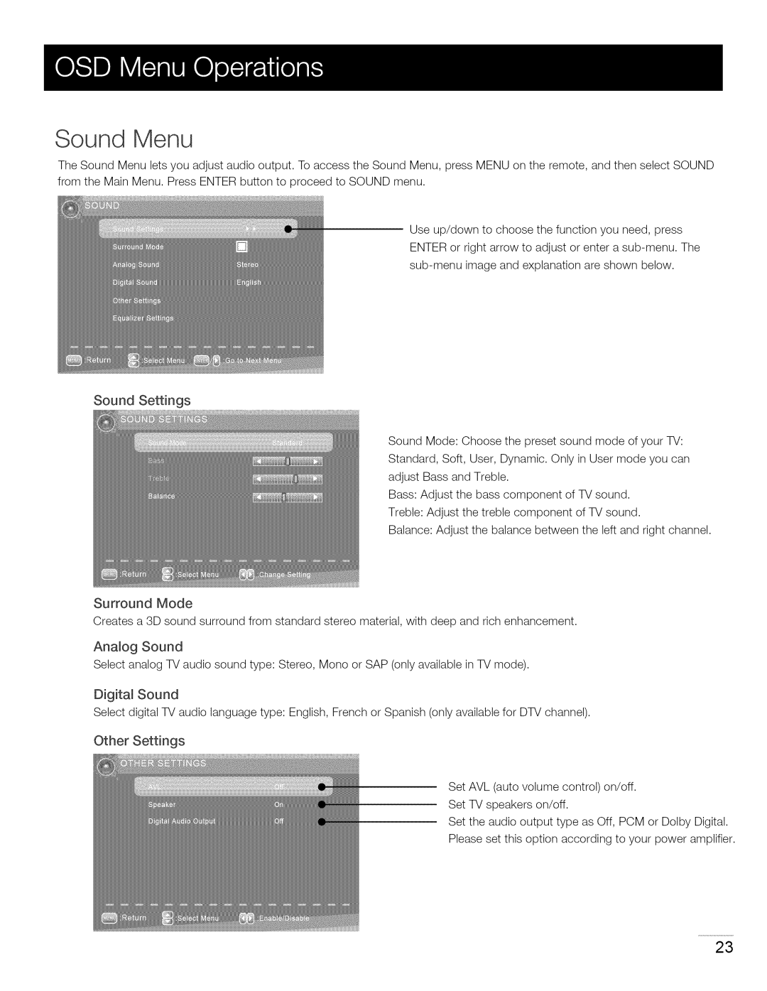 RCA 40LA45RQ manual Sound Settings, Surround Mode, Analog Sound, Digital Sound, Other Settings 