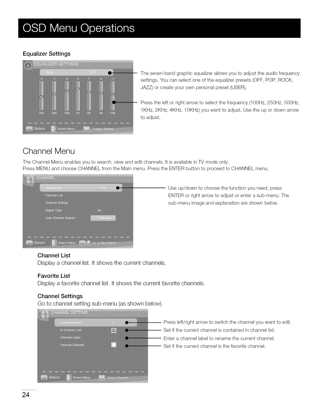 RCA 40LA45RQ manual Channel Menu, Equalizer Settings 