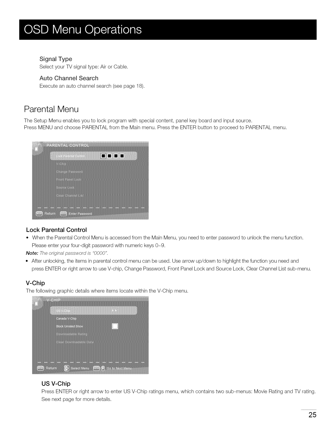 RCA 40LA45RQ Parental Menu, Auto Channel Search Execute an auto channel search see, Lock Parental Control, US V-Chip 