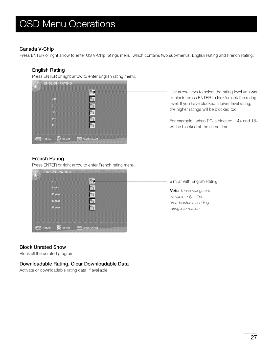 RCA 40LA45RQ manual Canada V-Chip, English Rating, Block Unrated Show, Downloadable Rating, Clear Downloadable Data 