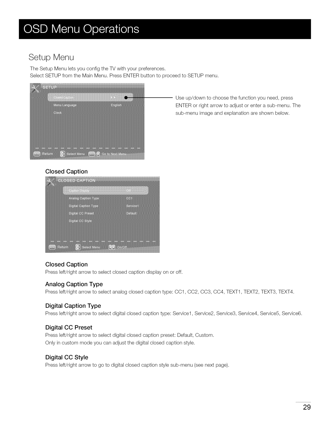 RCA 40LA45RQ manual Setup Menu, Closed Caption, Analog Caption Type, Digital Caption Type, Digital CO Preset 