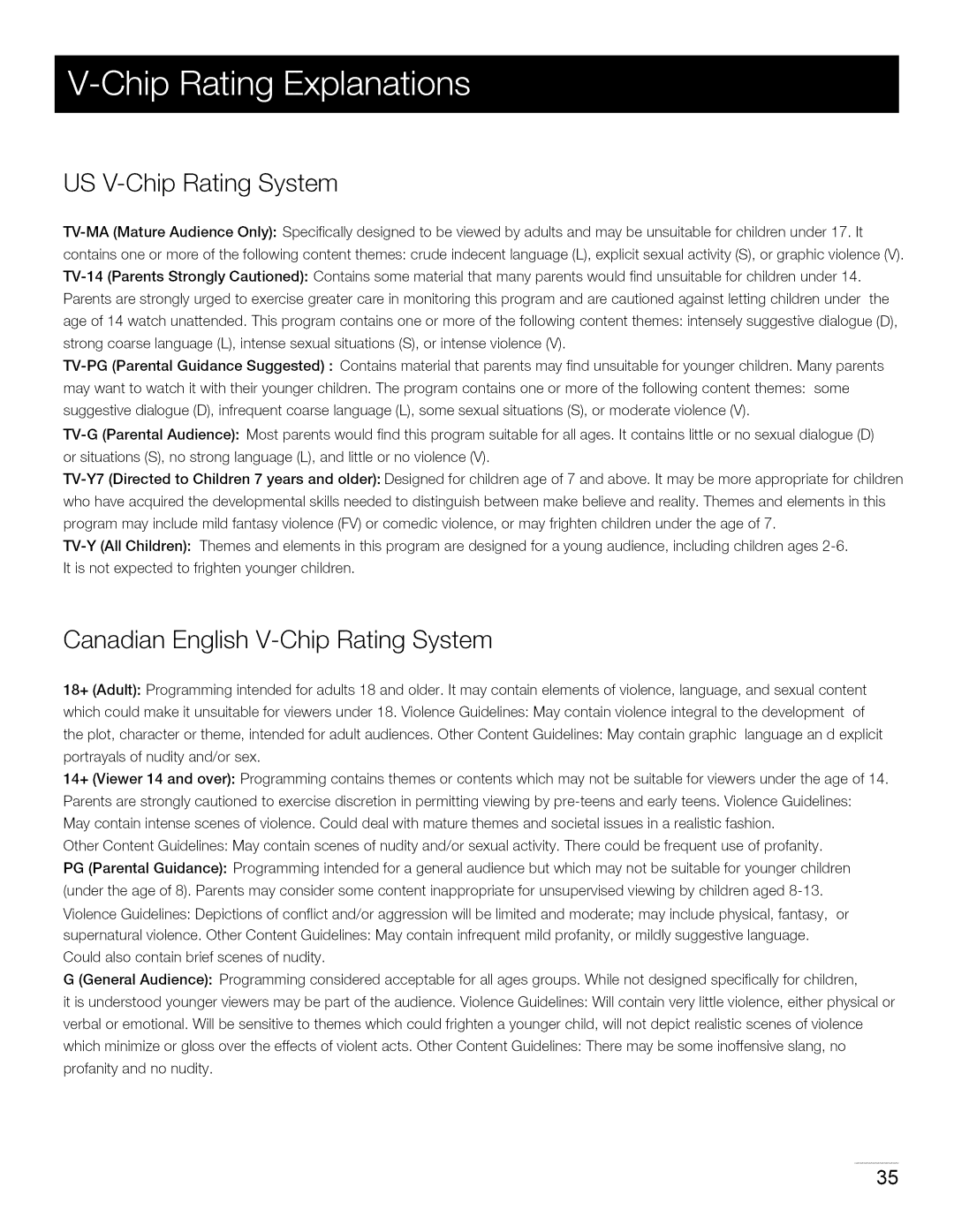 RCA 40LA45RQ manual US V-Chip Rating System, Canadian English V-Chip Rating System 