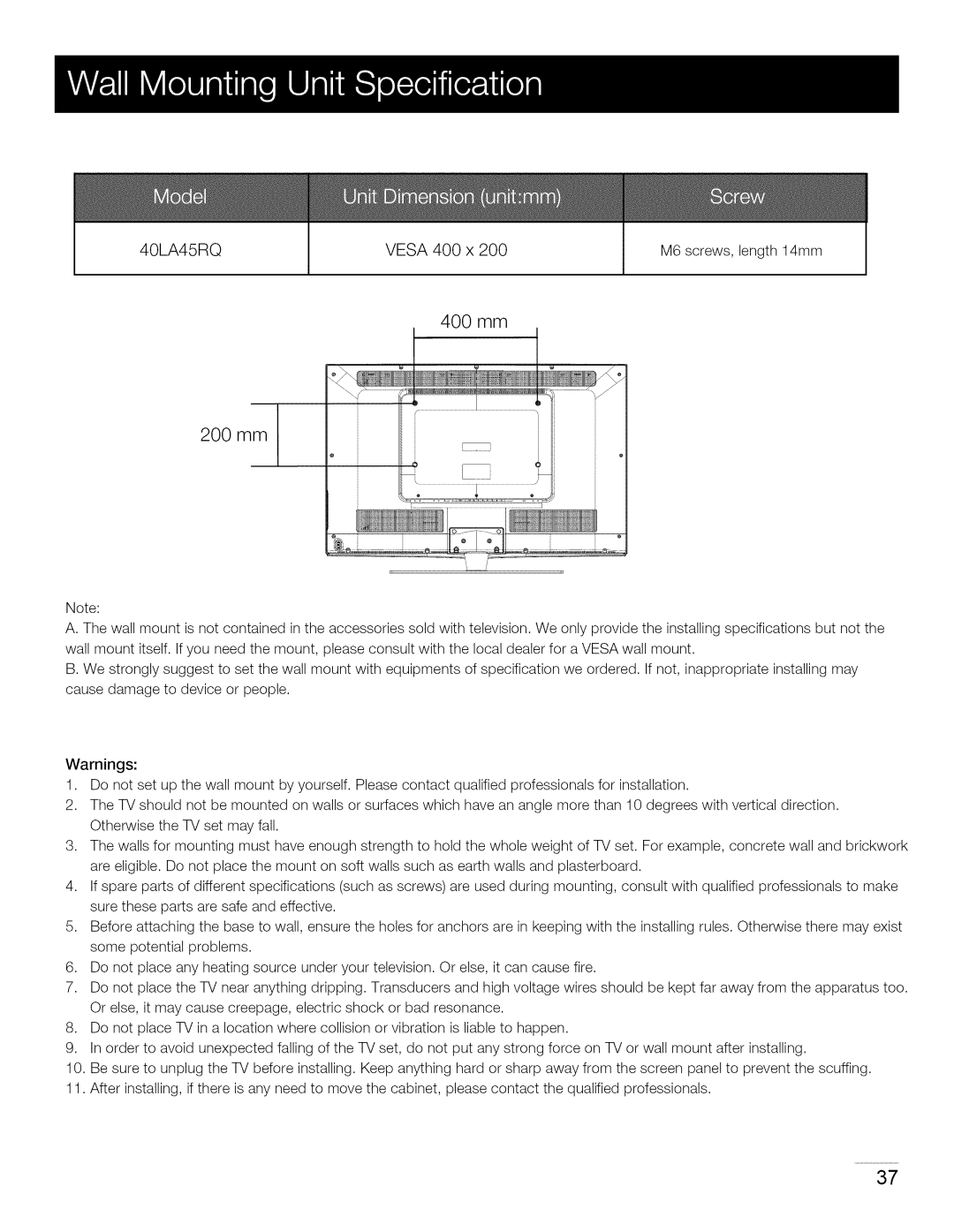 RCA manual 400 mm 200 mm, 40LA45RQ Vesa 400 x 