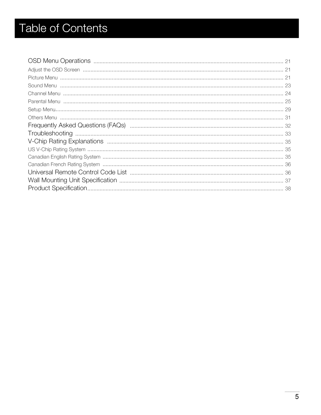 RCA 40LA45RQ manual OSD Menu, Specification 