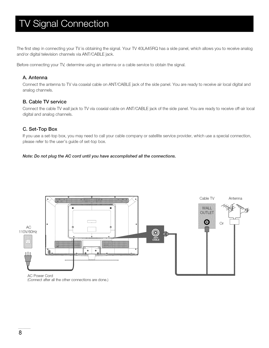 RCA 40LA45RQ manual Antenna, Cable -rv service 