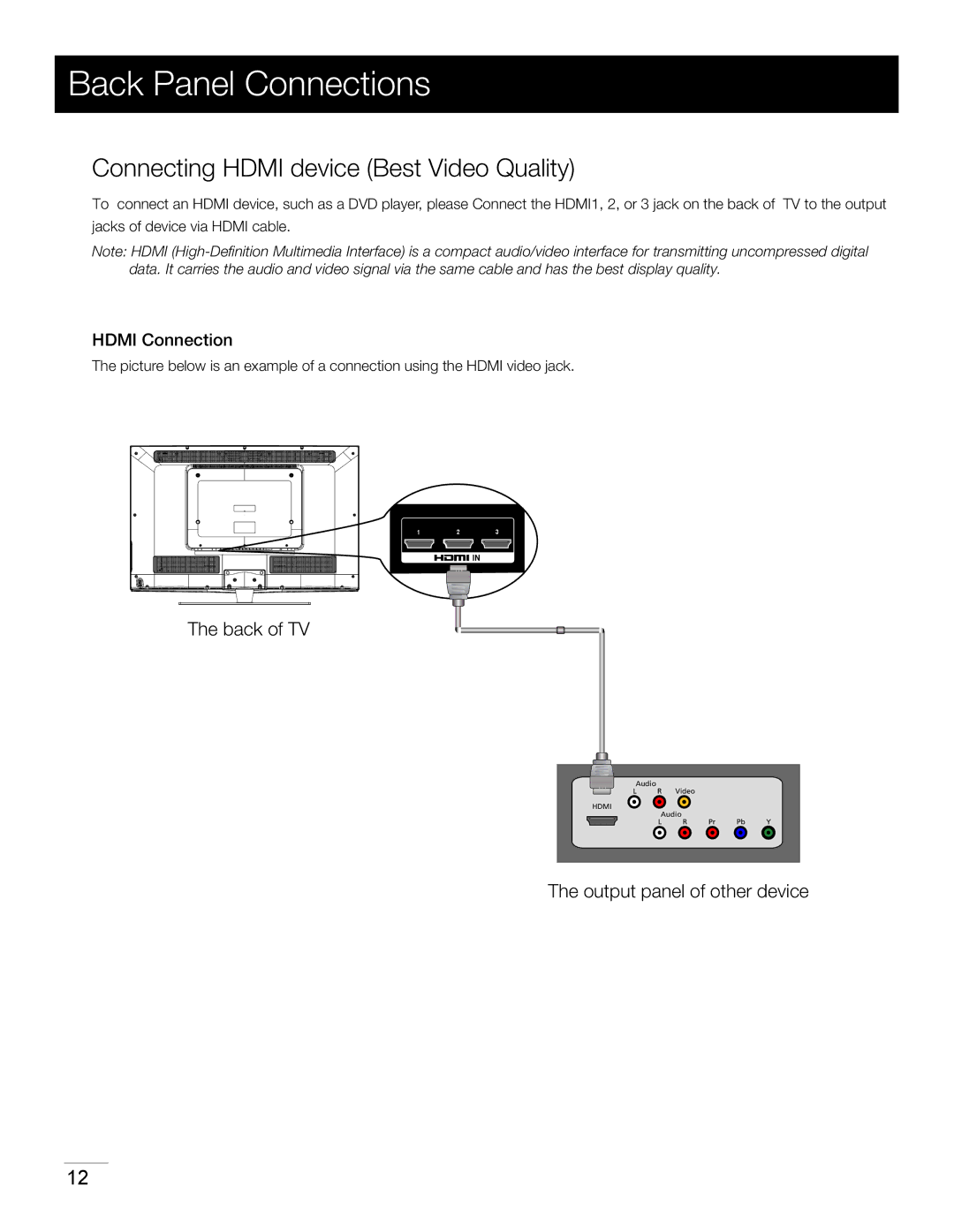 RCA 40LA45RQ manual Connecting Hdmi device Best Video Quality, Hdmi Connection 