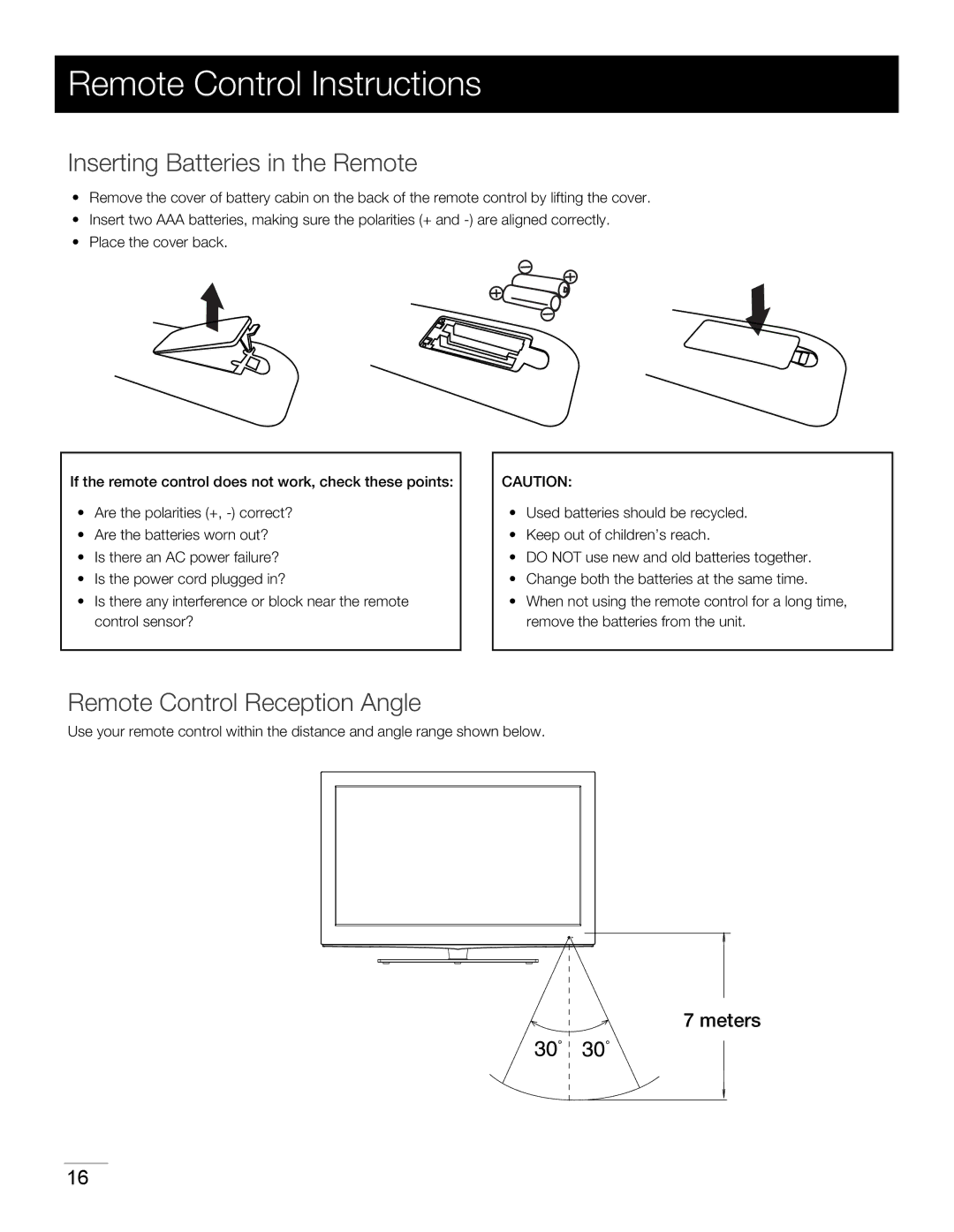 RCA 40LA45RQ manual Remote Control Instructions, Inserting Batteries in the Remote, Remote Control Reception Angle 