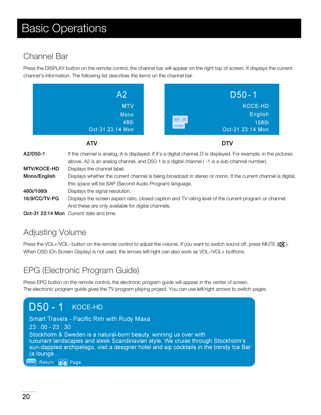 RCA 40LA45RQ manual Channel Bar, Adjusting Volume, EPG Electronic Program Guide 