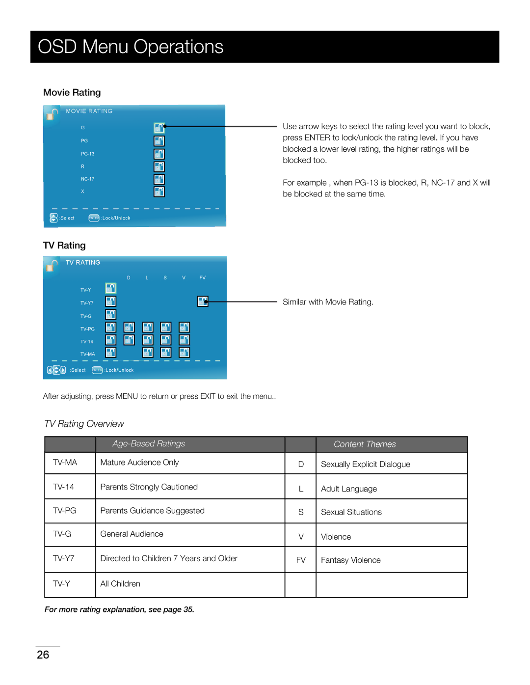 RCA 40LA45RQ manual Movie Rating, TV Rating 