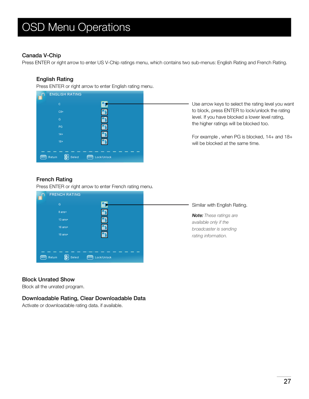 RCA 40LA45RQ manual Canada V-Chip, English Rating, French Rating, Block Unrated Show 