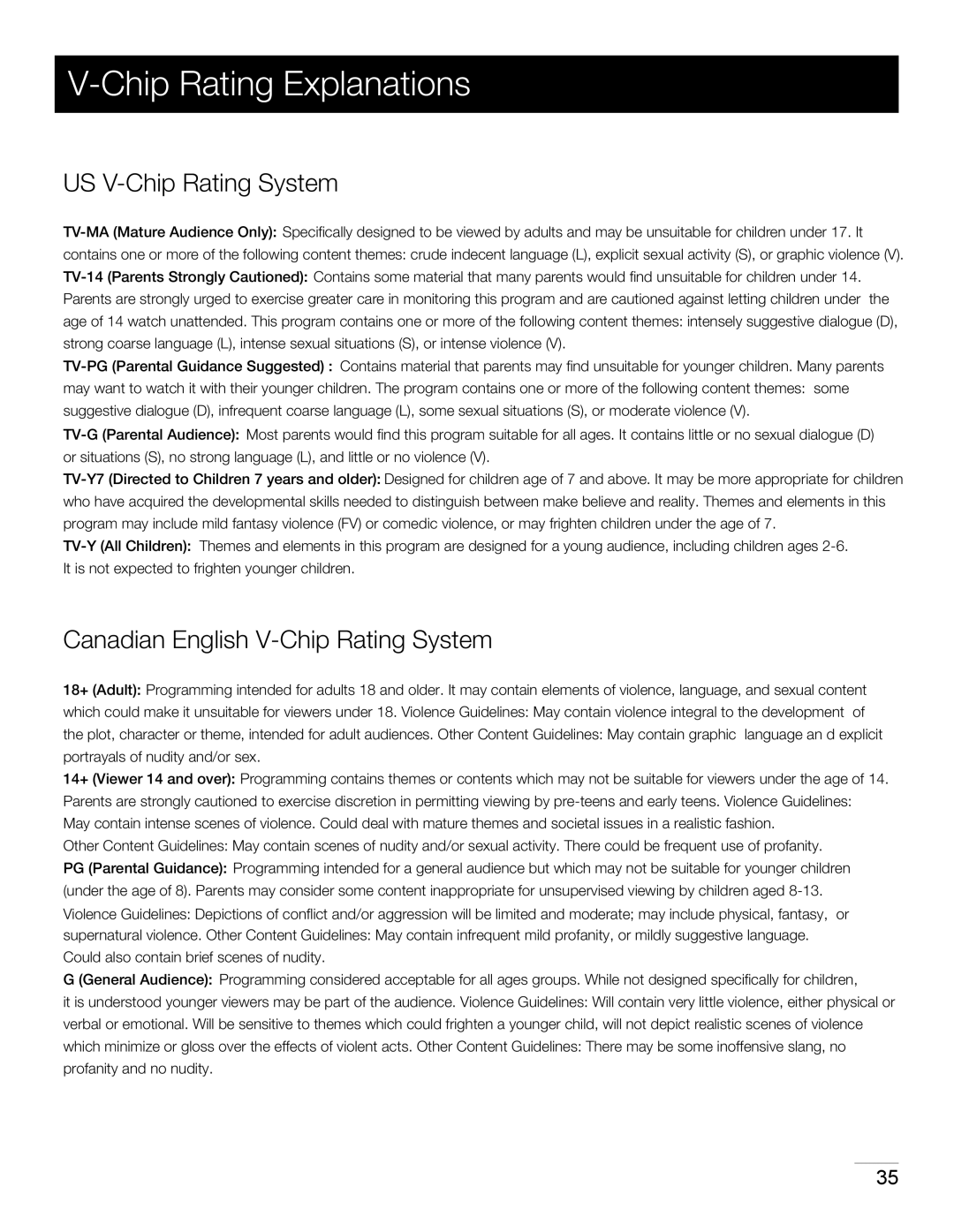 RCA 40LA45RQ manual Chip Rating Explanations, US V-Chip Rating System, Canadian English V-Chip Rating System 