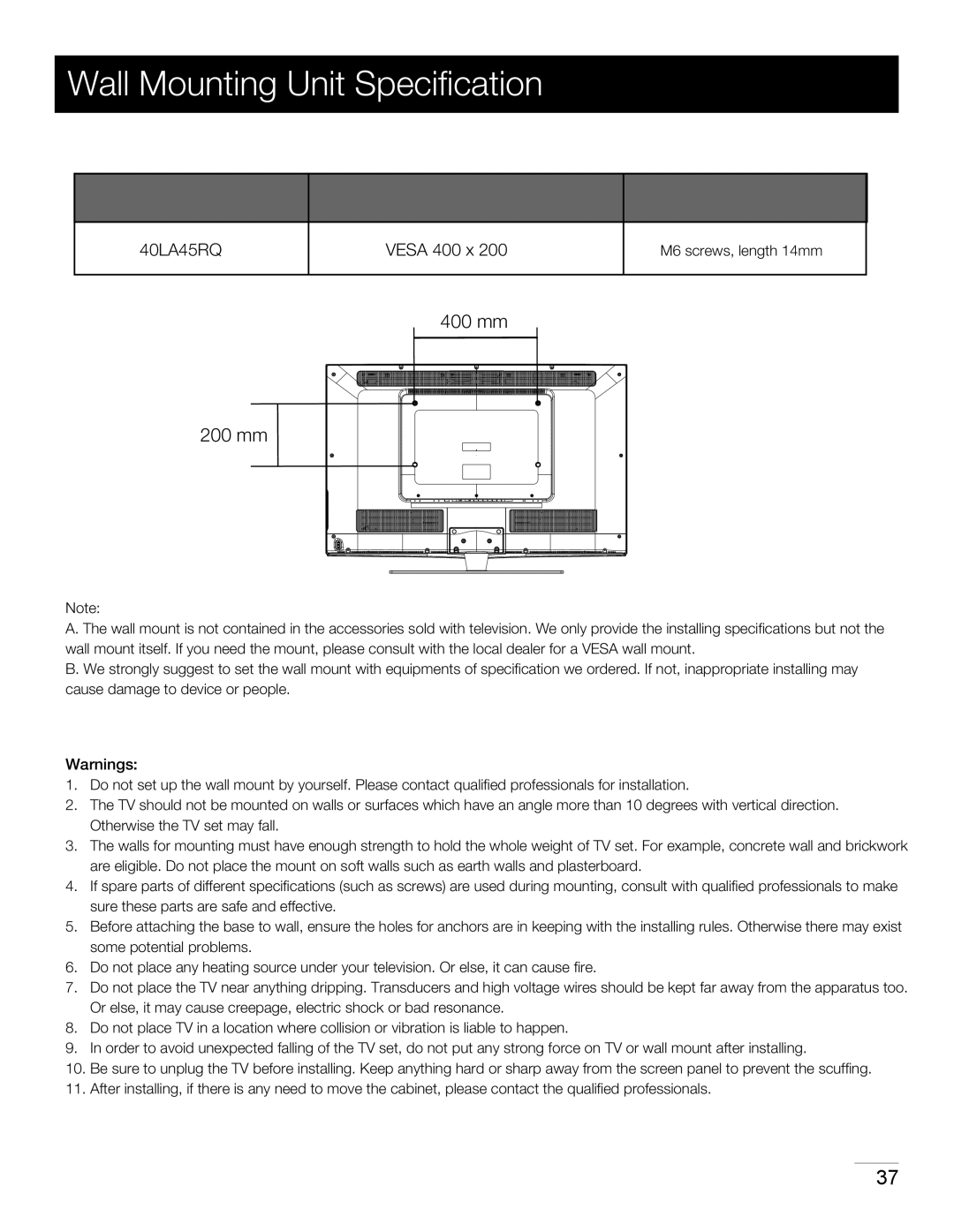 RCA 40LA45RQ manual Wall Mounting Unit Speciﬁcation, Screw 