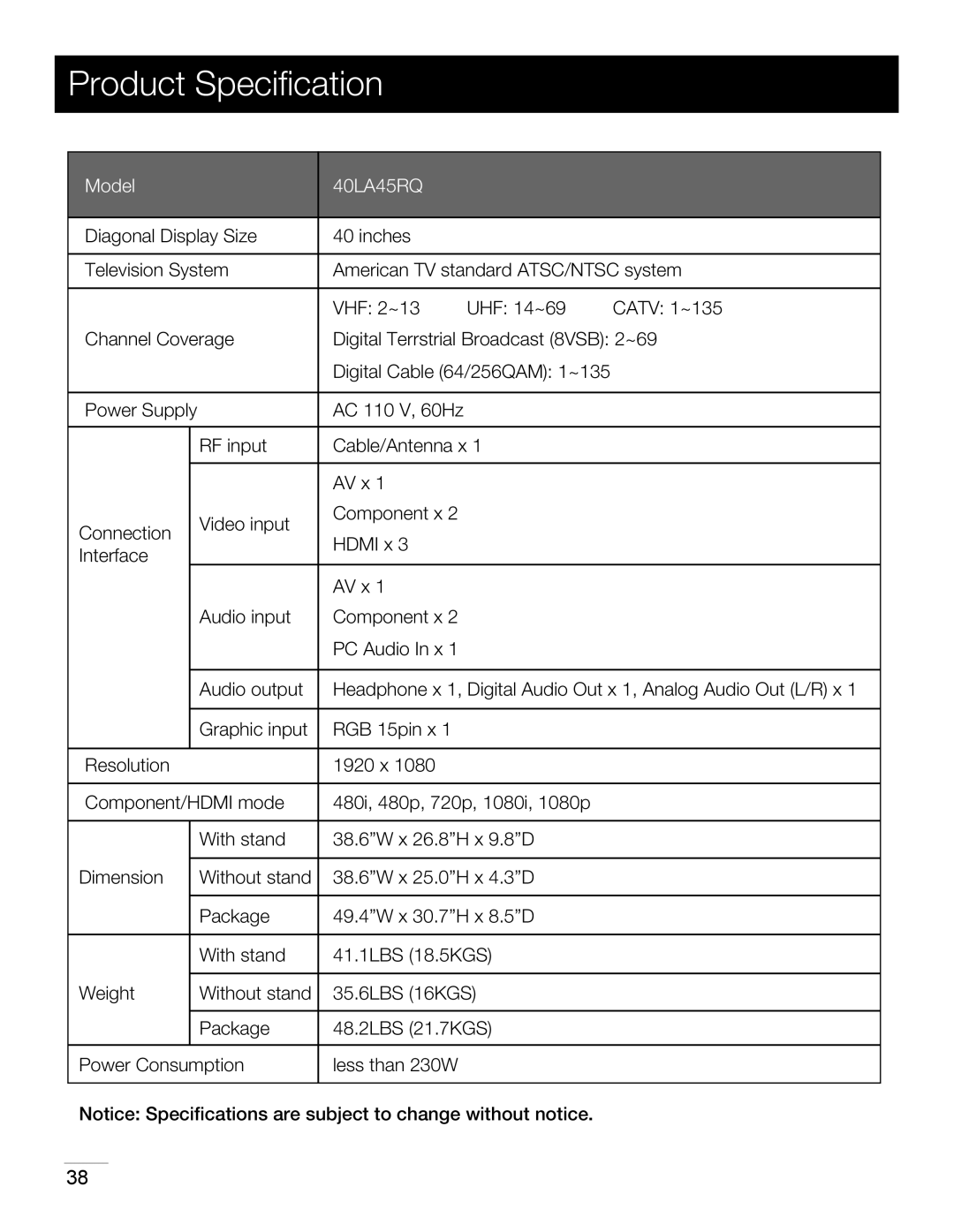 RCA 40LA45RQ manual Product Speciﬁcation, Digital Cable 64/256QAM 1~135 