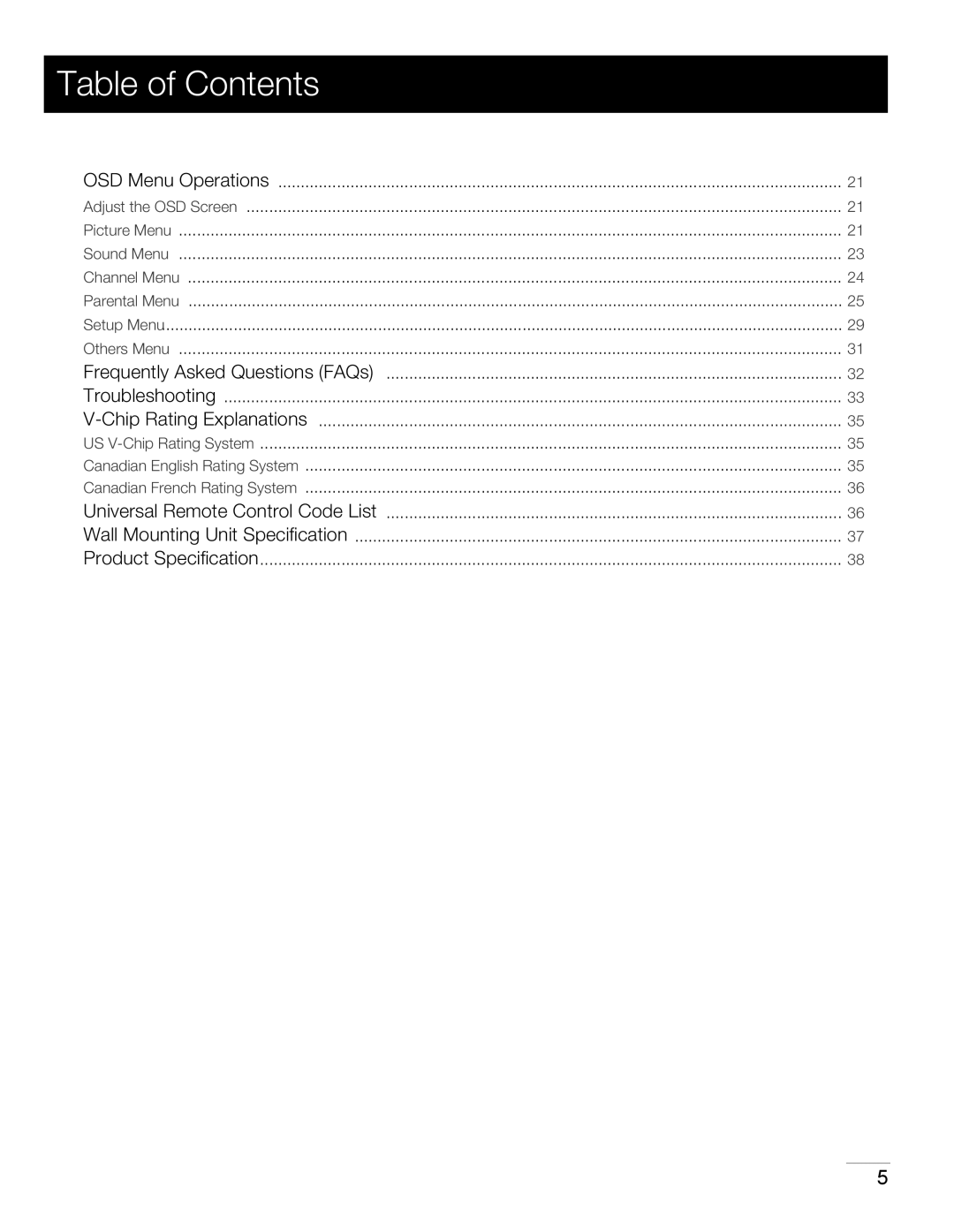 RCA 40LA45RQ manual Product Speciﬁcation 