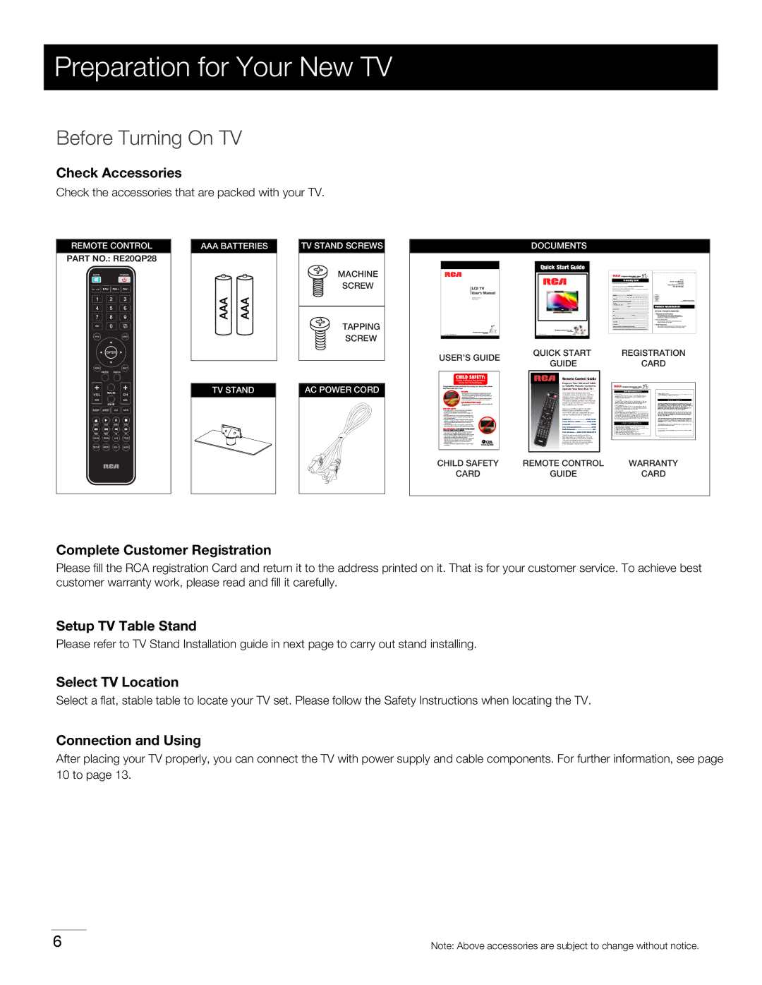 RCA 40LA45RQ manual Preparation for Your New TV, Before Turning On TV 