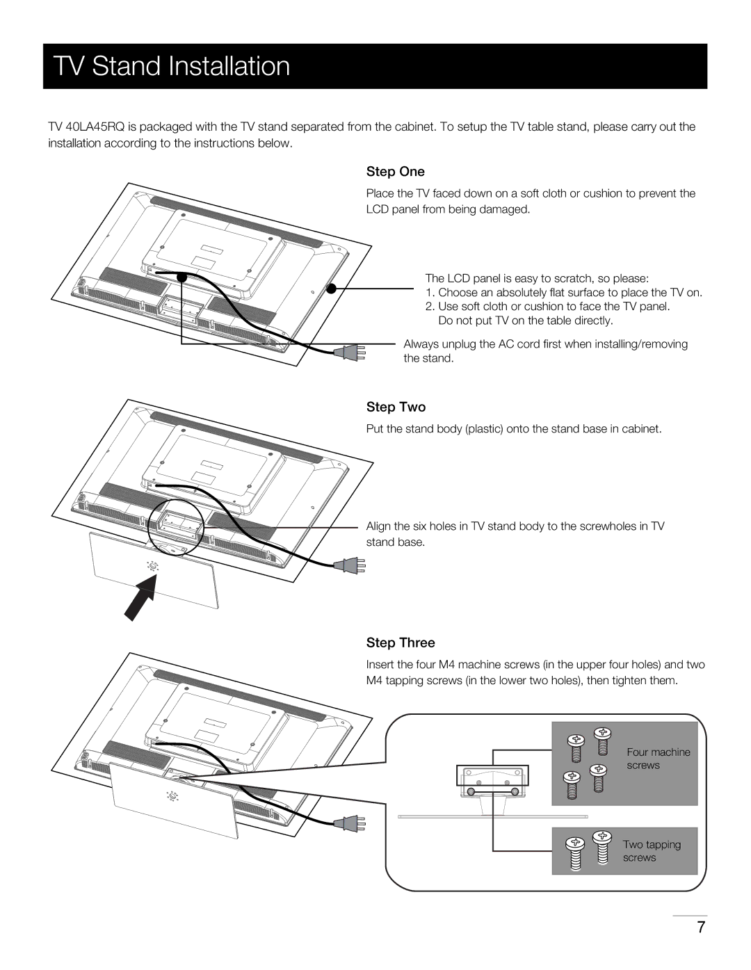 RCA 40LA45RQ manual TV Stand Installation, Step One, Step Two, Step Three 