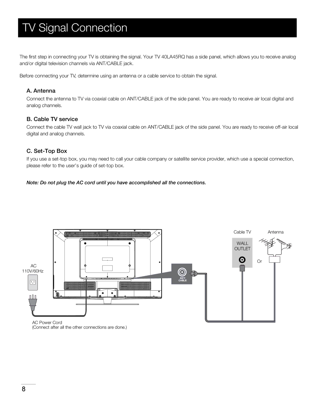 RCA 40LA45RQ manual TV Signal Connection, Antenna, Cable TV service, Set-Top Box 