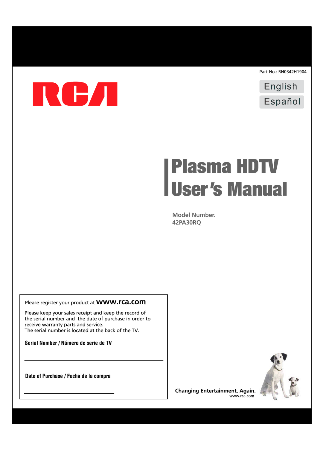 RCA 42PA30RQ user manual Plasma Hdtv User s Manual 