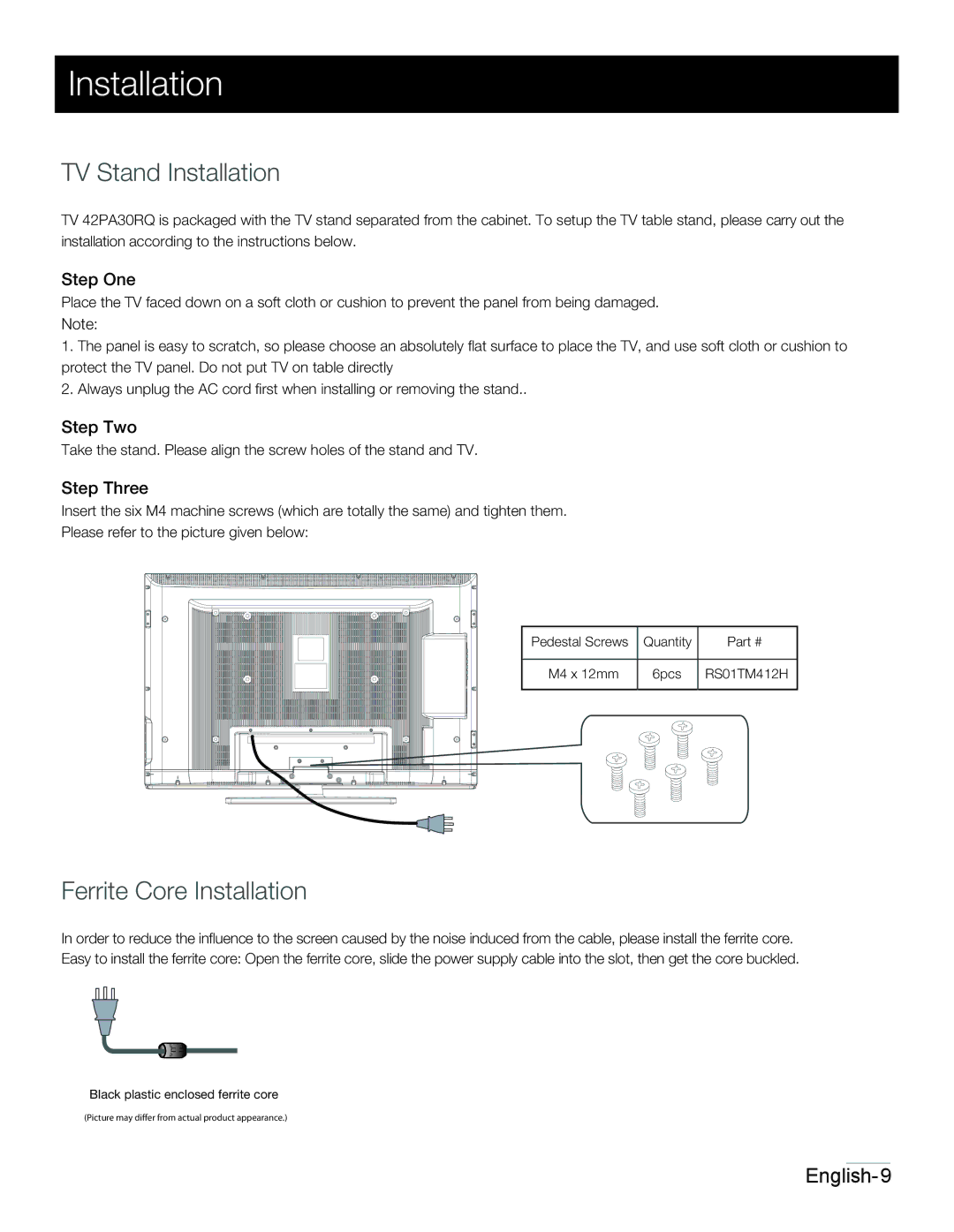 RCA 42PA30RQ user manual Installation, Step One, Step Two, Step Three 