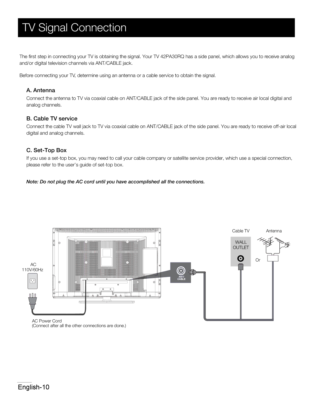 RCA 42PA30RQ user manual TV Signal Connection, Antenna, Cable TV service, Set-Top Box 