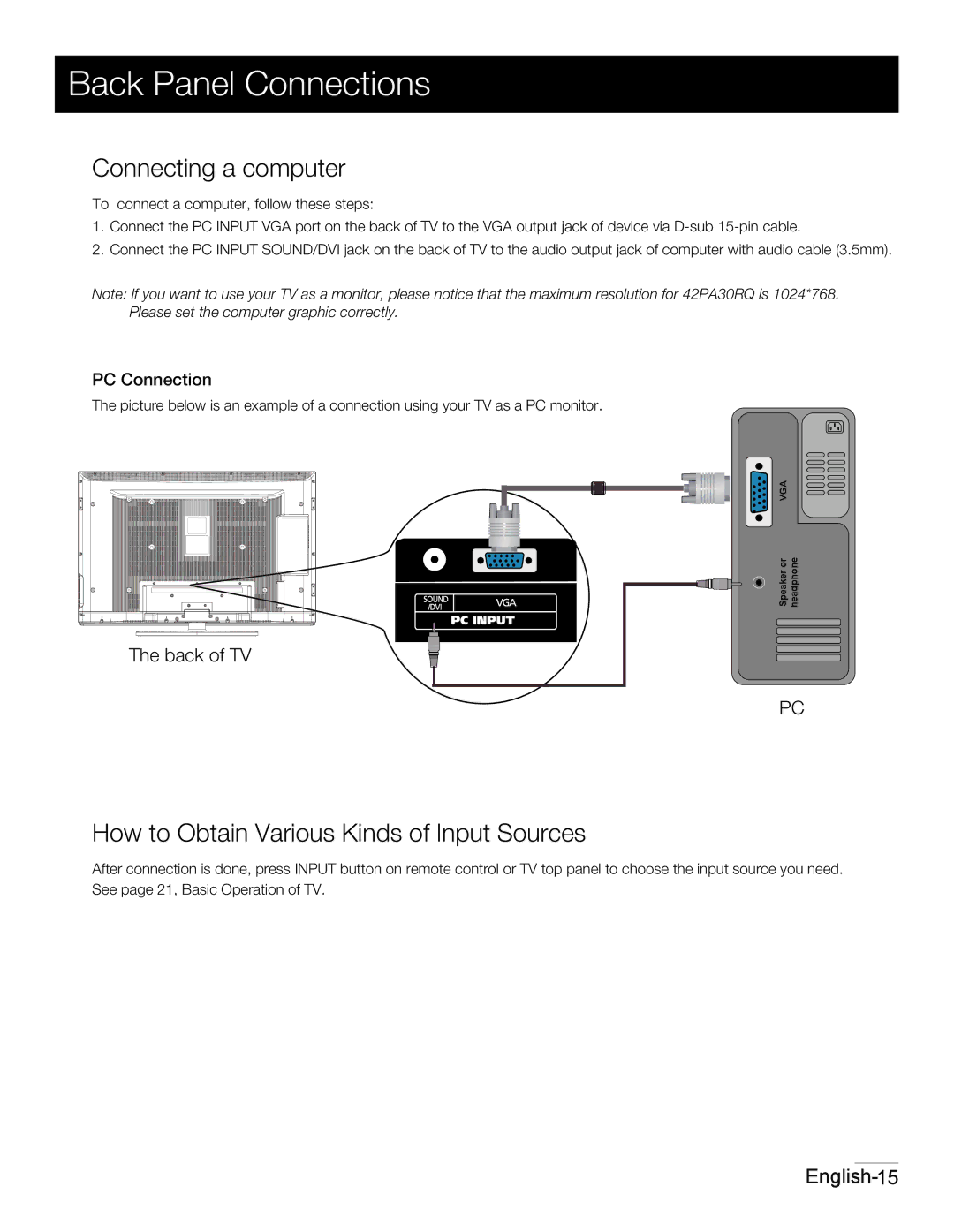 RCA 42PA30RQ user manual Connecting a computer, How to Obtain Various Kinds of Input Sources, PC Connection 