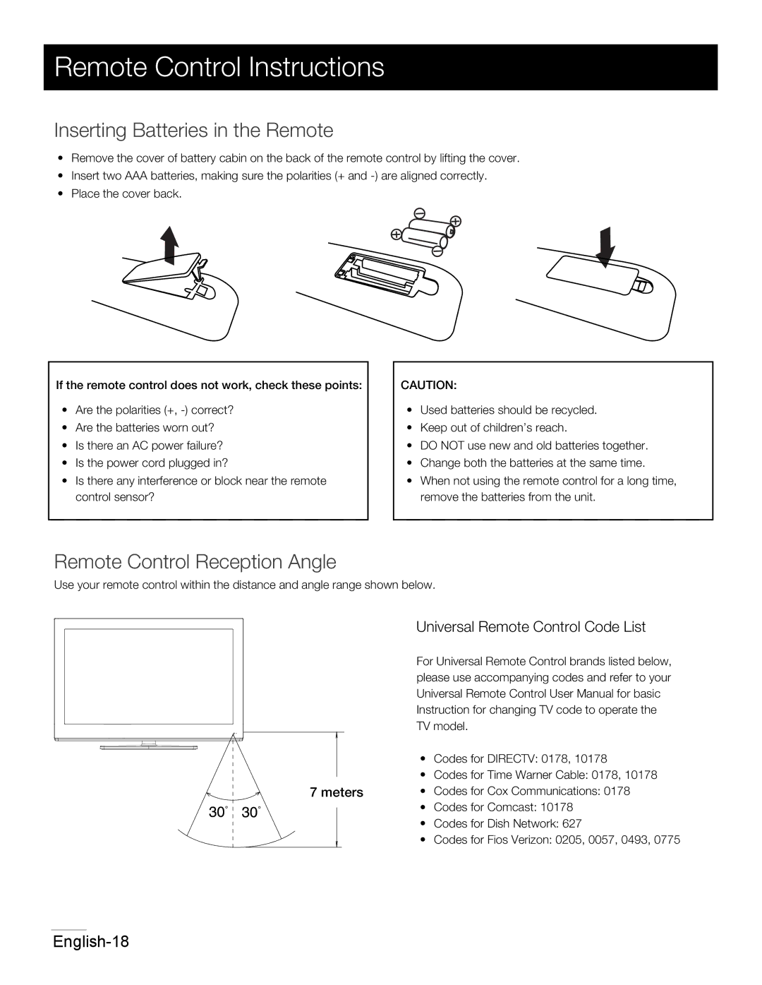 RCA 42PA30RQ user manual Remote Control Instructions, Inserting Batteries in the Remote, Remote Control Reception Angle 