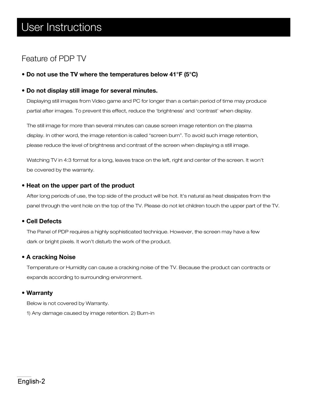 RCA 42PA30RQ user manual User Instructions, Feature of PDP TV 