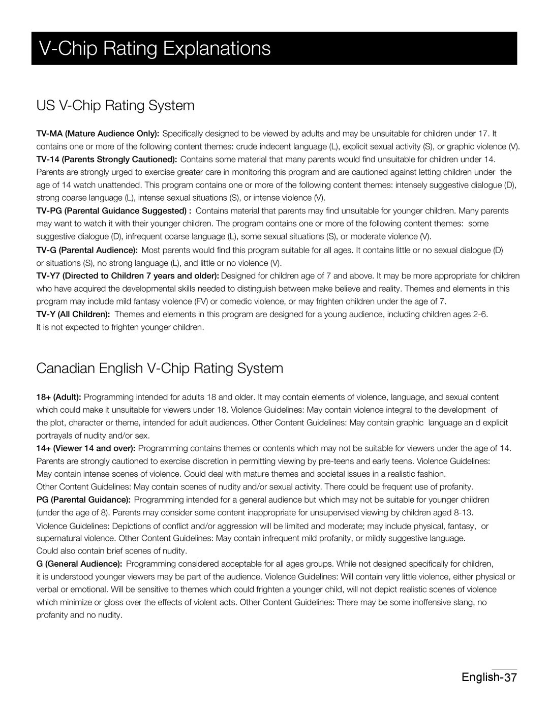 RCA 42PA30RQ user manual Chip Rating Explanations, US V-Chip Rating System, Canadian English V-Chip Rating System 