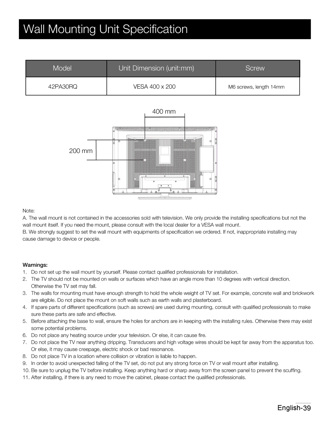 RCA 42PA30RQ user manual Wall Mounting Unit Speciﬁcation, Screw 